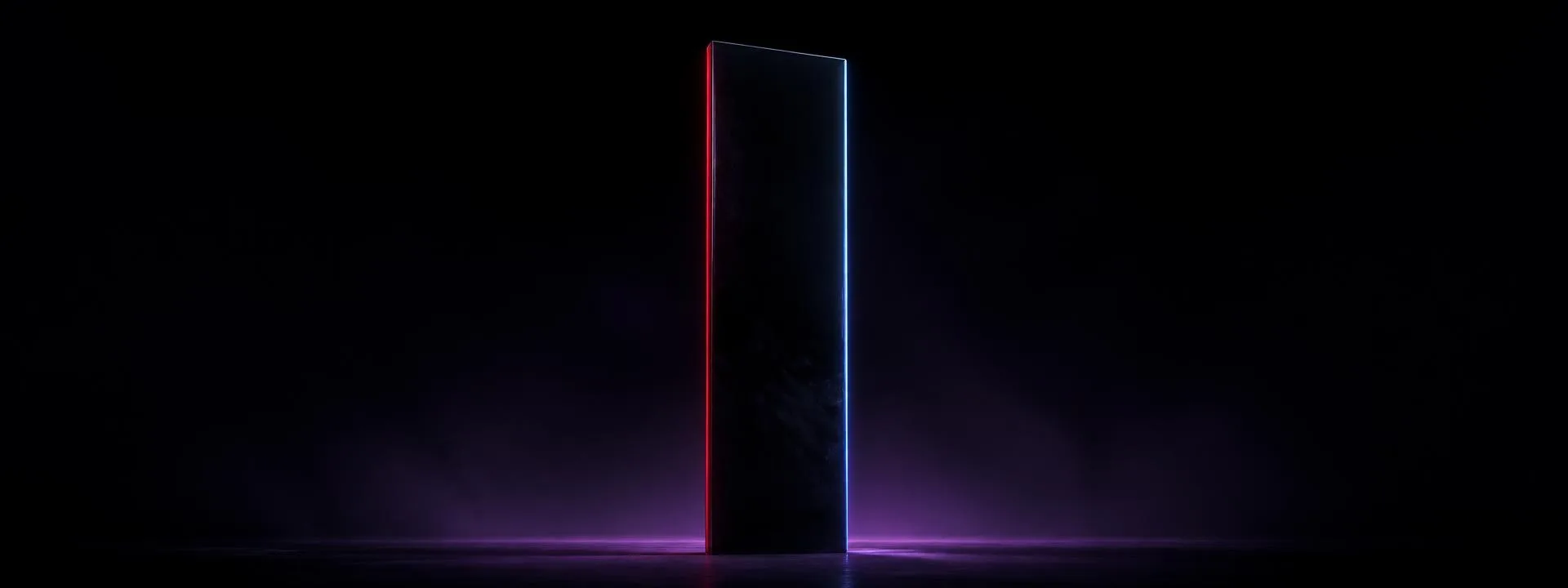 A single obsidian monolith edged with crimson and cyan light in a dark violet haze