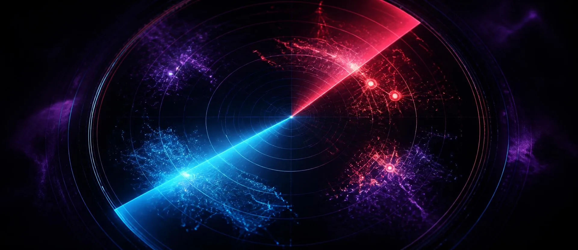 A radar sweep of crimson and cyan beams scanning a dark map of AI citation clusters
