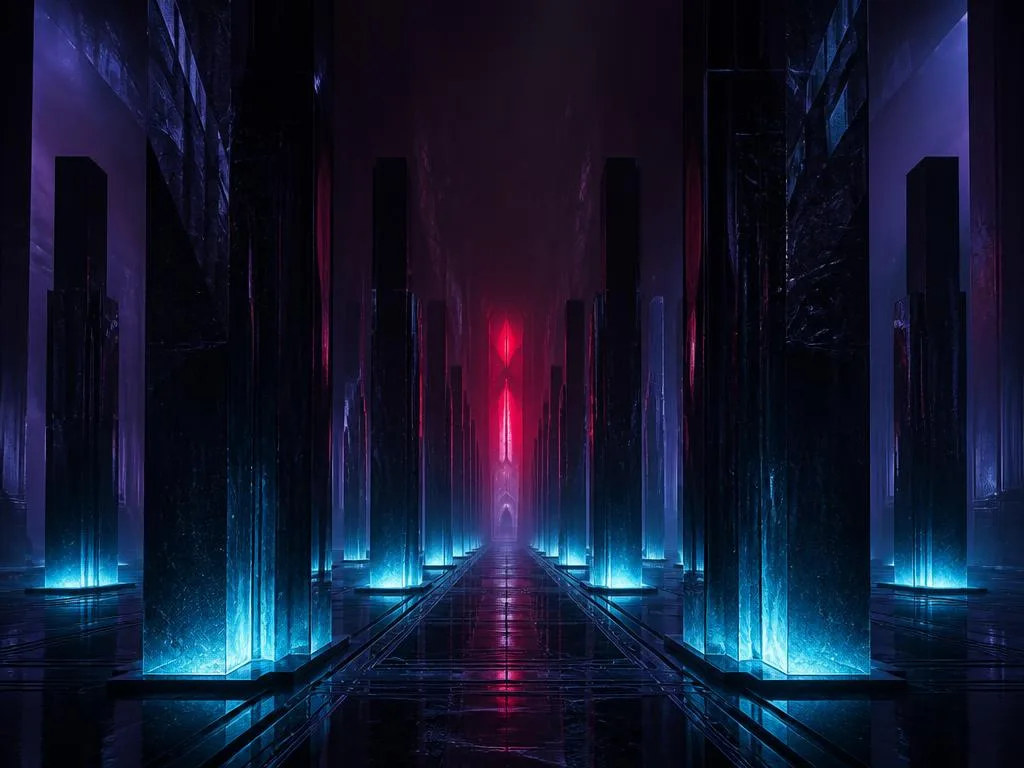 Tall obsidian glass columns lit by cyan floor light receding toward a distant crimson glow