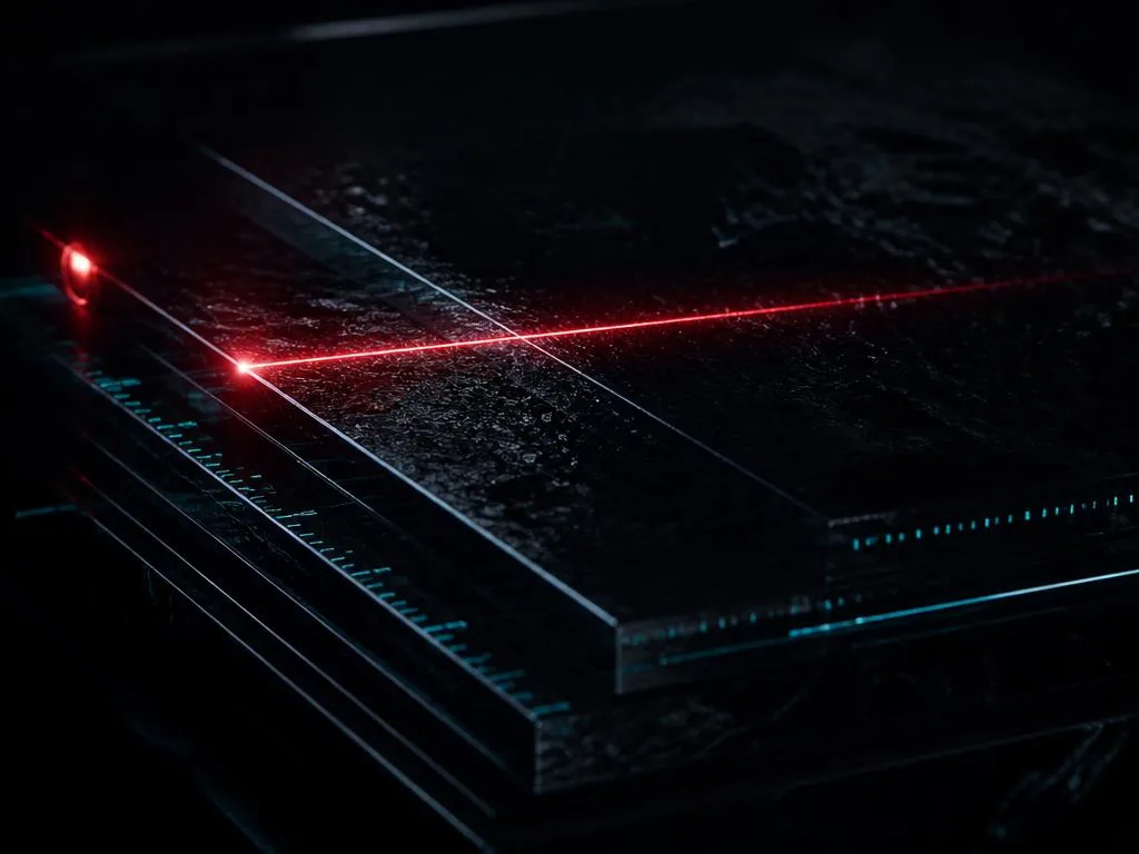 A crimson diagnostic laser sweeping across layered obsidian glass plates with cyan measurement ticks