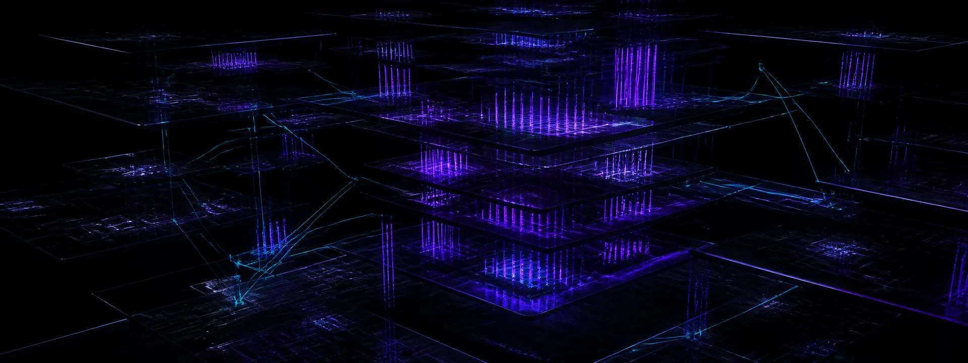 Stacked translucent obsidian panels glowing with violet schema bars and cyan entity connection lines