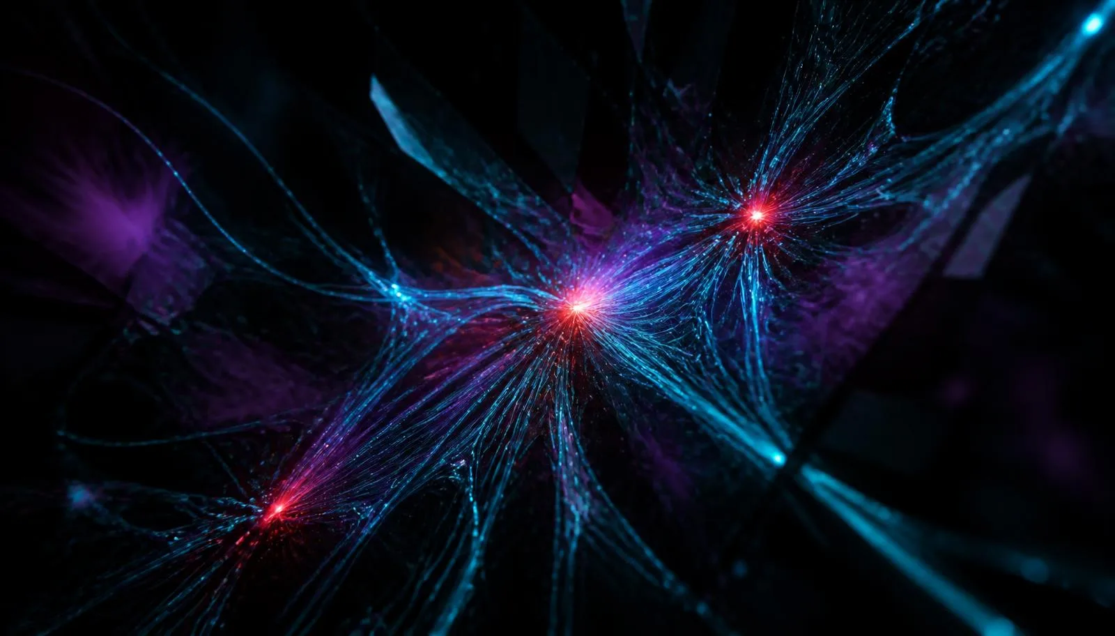 Dense cyan filaments converging into bright crimson focal nodes across obsidian glass shards