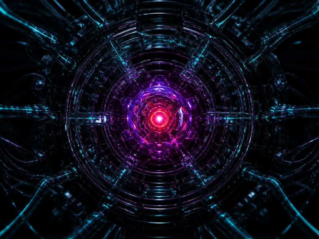 Concentric obsidian glass rings around a glowing violet and crimson engine core with cyan conduits
